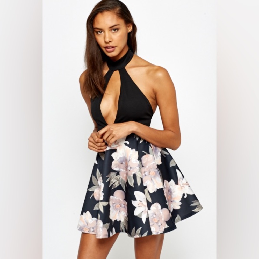 NWT black and floral dress v plunge open back dress